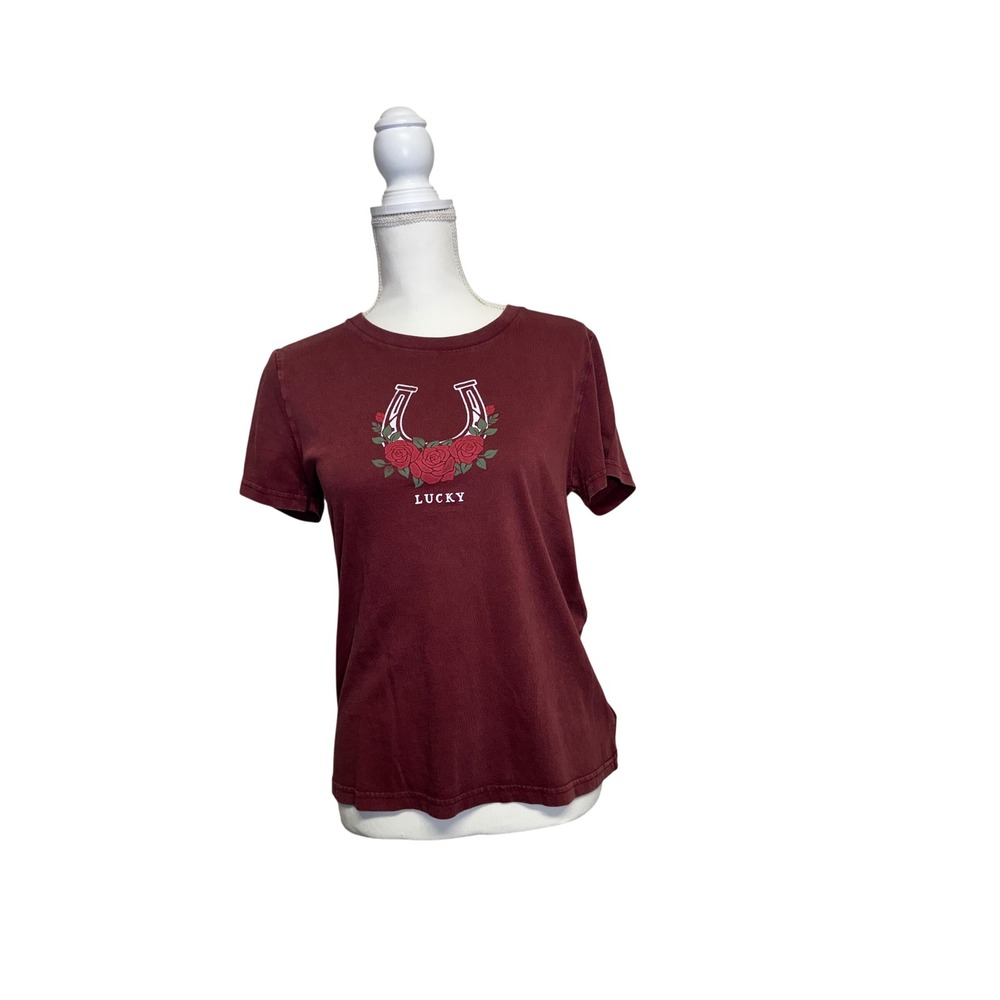 Lucky Brand Women's Maroon Horseshoe Short Sleeve Graphic T-Shirt‎ Size XS